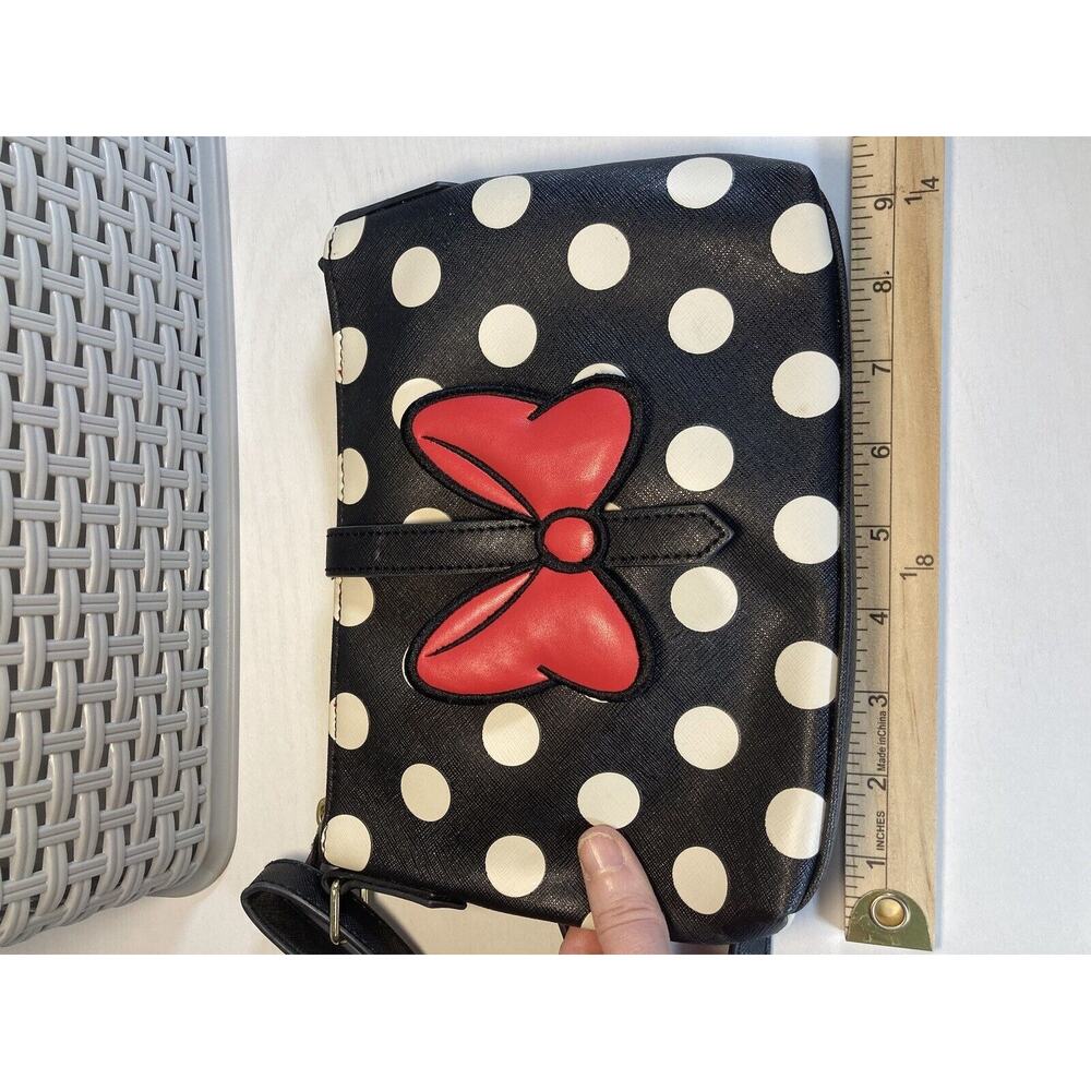 Disney Parks Minnie Mouse Red Bow Polka Dot Striped Crossbody Black Bag Purse - Picture 10 of 10